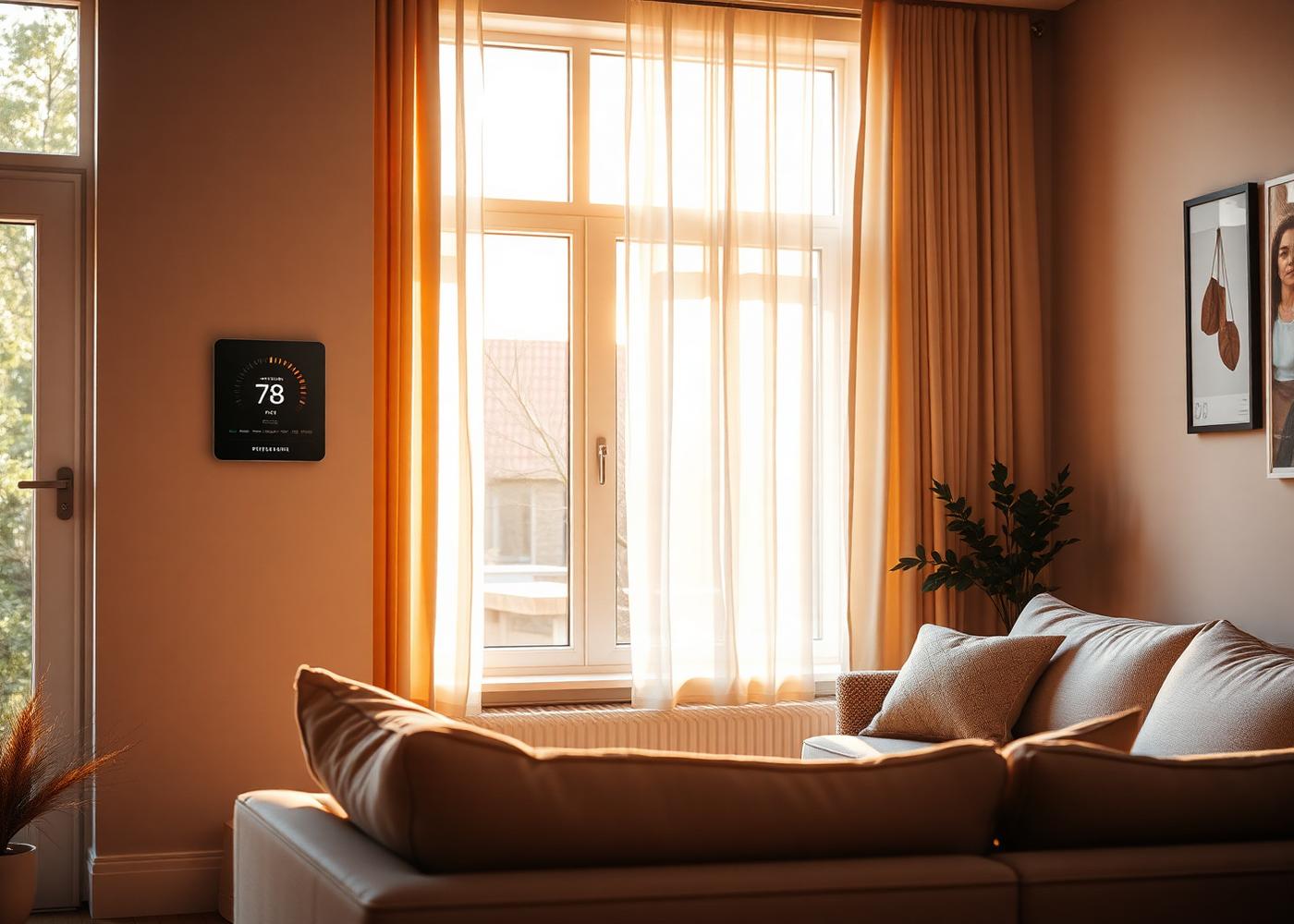 Comfortable home interior with smart thermostat